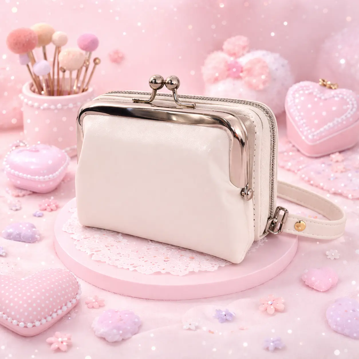 Mini-sac blanc nacré avec fermoir clip argenté style vintage