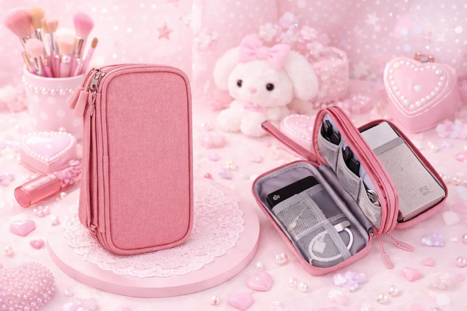 Organiseur rose en tissu pour câbles et accessoires numériques